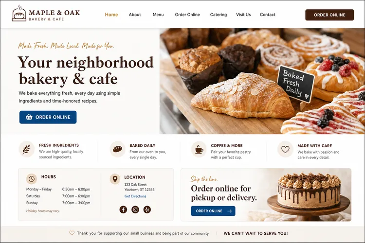 Example neighborhood bakery website homepage