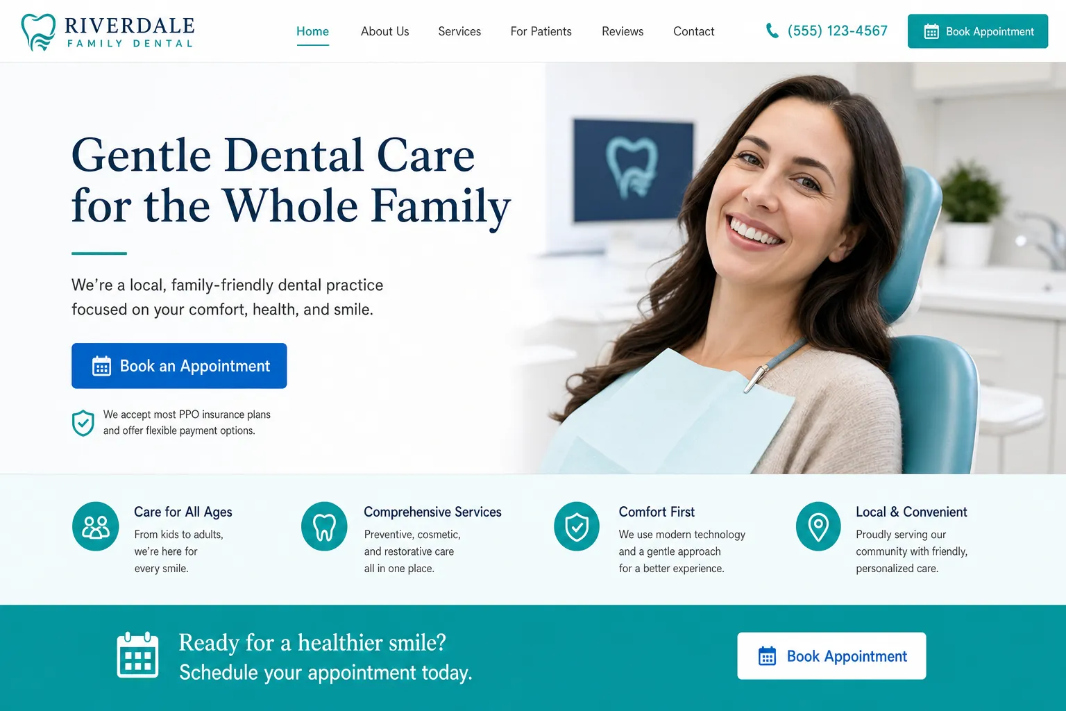 Example local business website homepage with clear services and a contact button
