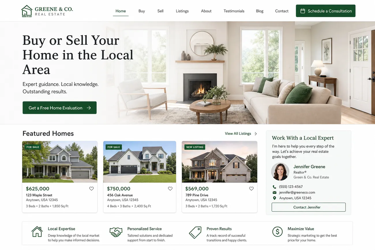 Example local real estate website homepage