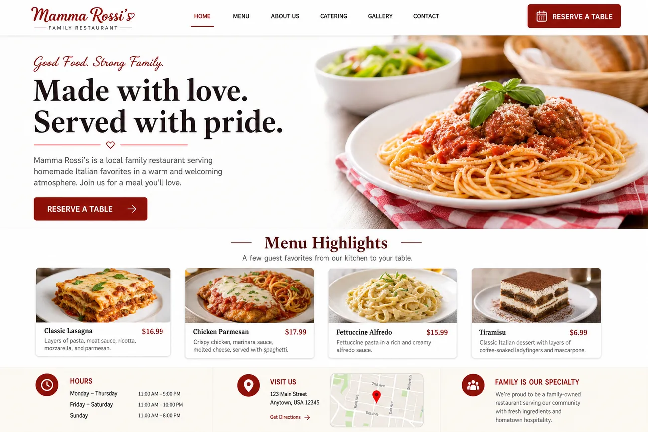 Example restaurant website homepage with menu highlights and a reserve button