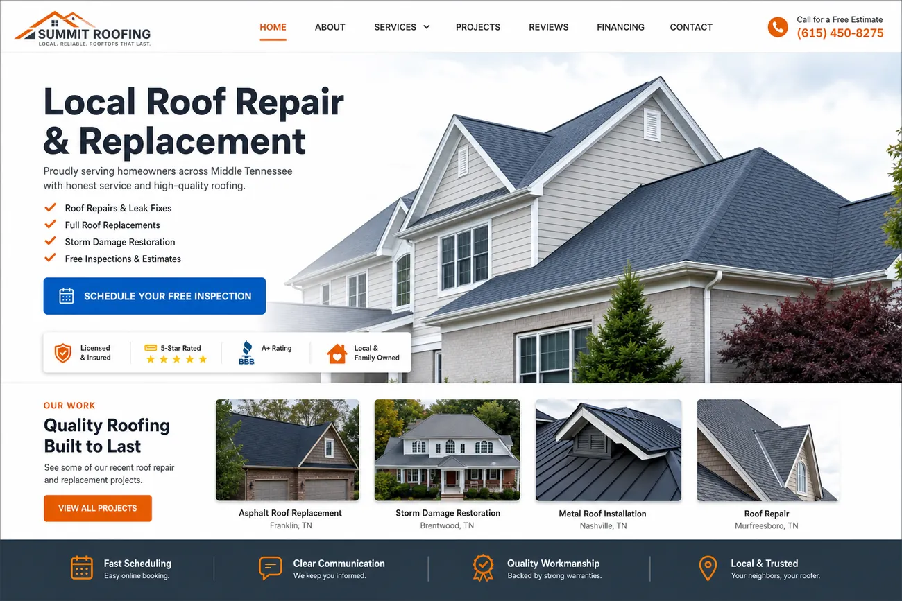 Example contractor website homepage with service cards and a quote button
