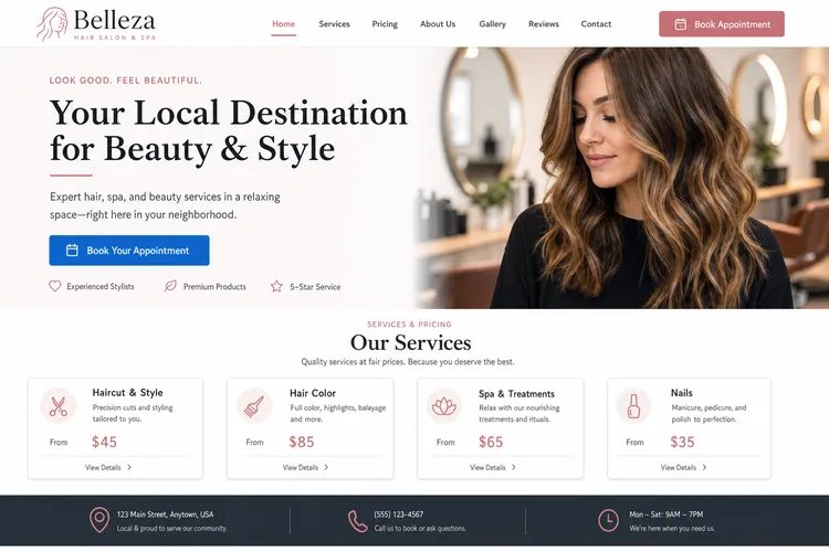 Example salon and spa website homepage